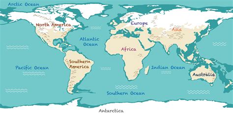 World Map Showing Continents And Oceans