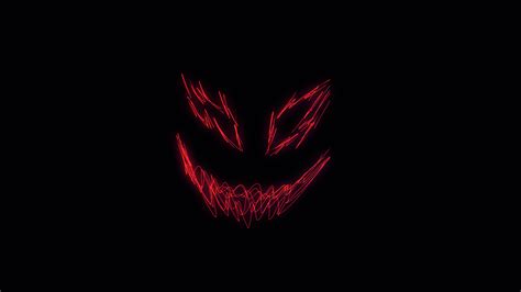 waveforms, neon, smiling, smile, minimalism, demon, large eyes, pointy teeth, glitch art, dark ...