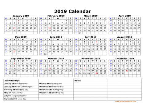 Free Download Printable Calendar 2019 with US Federal Holidays, one page, horizontal.