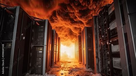 ภาพประกอบสต็อก Data center fire with burning servers racks, Internet ...