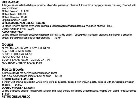 Menu at Rumors Restaurant, Louisville