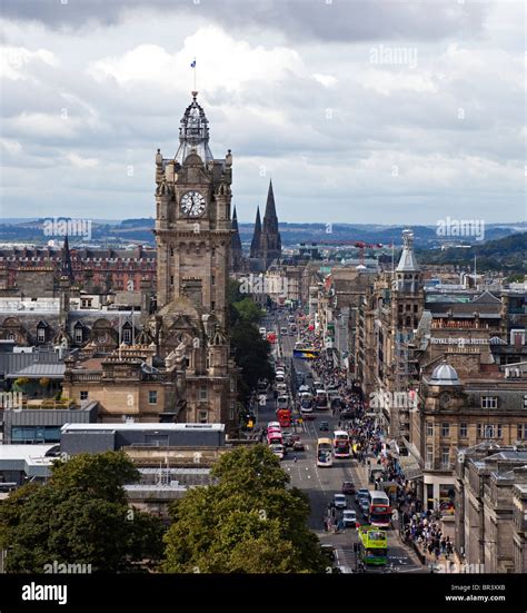 View of Princes Street, Edinburgh with busy traffic, from Calton Hill ...