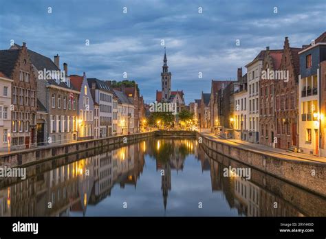 Bruges Belgium, night city skyline at Spiegelrei Canal view from King's ...