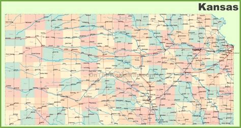 Road map of Kansas with cities