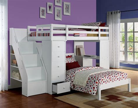 Reyna Twin Size Loft Bed with Bookcase Ladder in White – Kids Furniture In Los Angeles