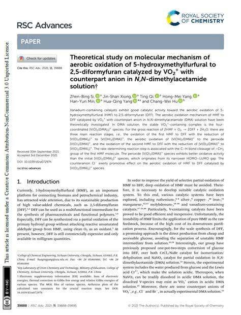 (PDF) Theoretical study on molecular mechanism of aerobic oxidation of 5-hydroxymethylfurfural ...