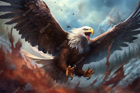 A painting of a bald eagle flying over a mountain. | Premium AI ...