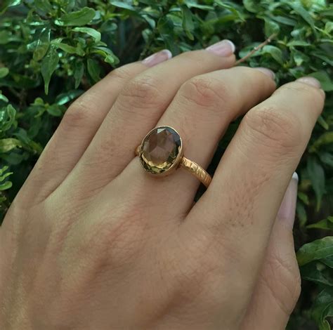 Smoky Quartz Oval Gold Ring- Smoky Topaz Gemstone Minimal Ring- Brown Stackable Simple Ring ...