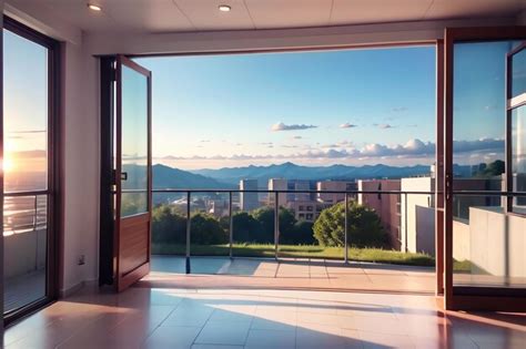 Premium AI Image | A balcony with a view of a mountain and a blue sky.