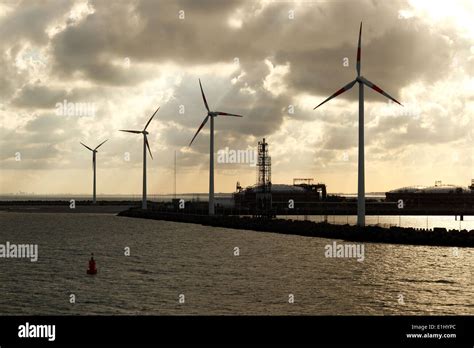 Wind turbines, Port of Zeebrugge, taken from a North Sea ferry, Belgium ...