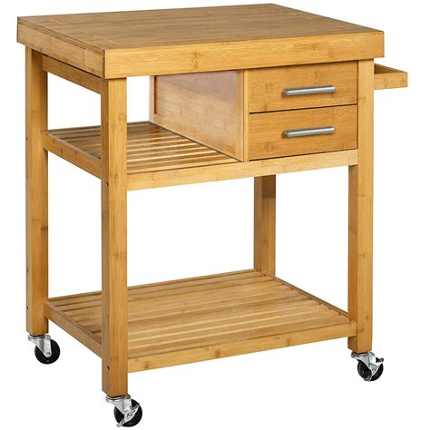 Bamboo Rolling Kitchen Island Cart, Butcher Block Food Kitchen Prepping Cart Trolley on Wheels ...