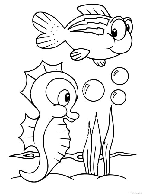 Seahorse And Fish Under The Sea Coloring page Printable