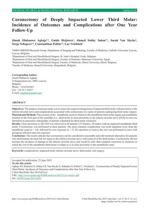 (PDF) Coronectomy of Deeply Impacted Lower Third Molar: Incidence of ...