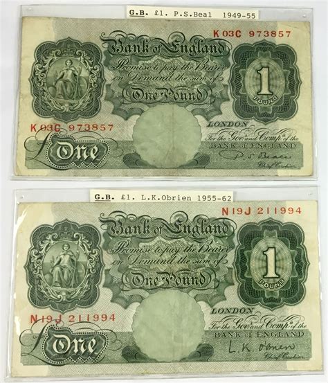 Two Old English One Pound Banknotes P.S Beale & L.K. Obrien