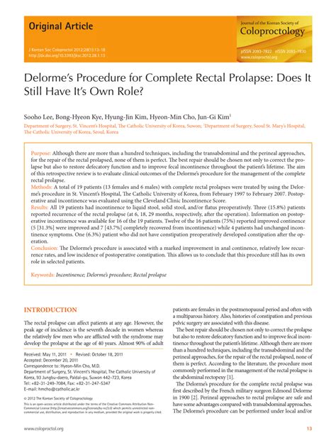 (PDF) Delorme's Procedure for Complete Rectal Prolapse: Does It Still Have It's Own Role?