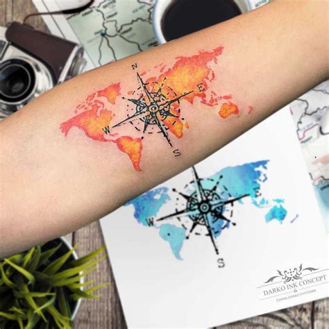 Compass and watercolor world map tattoo by Tansel Darko | World map ...