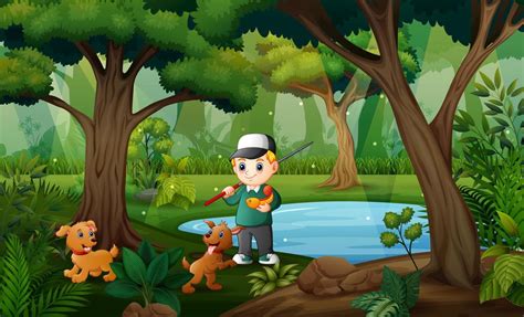 A boy fishing with his pet in the small pond 6132998 Vector Art at Vecteezy