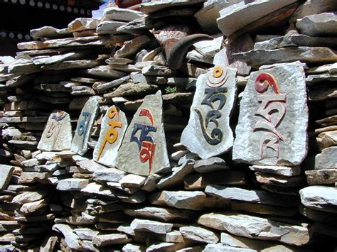 Close-up of prayer stones from the prayer stone wall next to Thanggyel ...