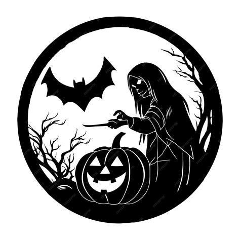 Premium Vector | Happy halloween elements in black and white silhouette ...