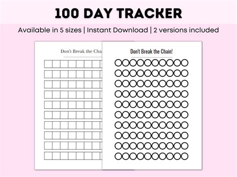 100 Day Tracker Instant Download Goal Tracker Printable and Fillable PDF Don't Break the Chain ...