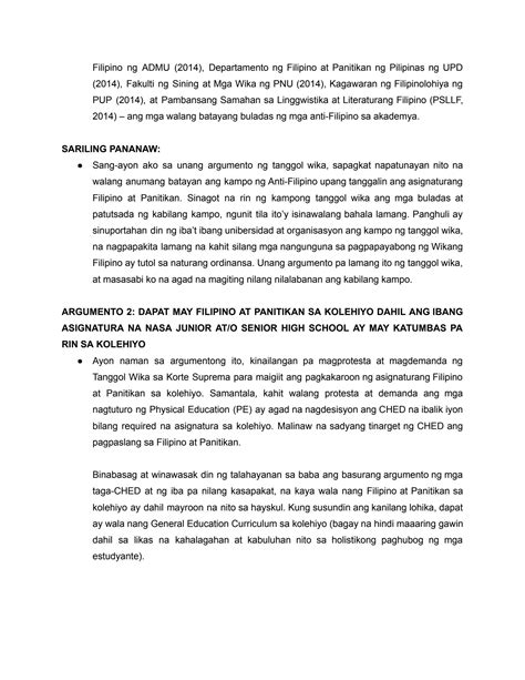 SOLUTION: Mga Susing Argumento ng Tanggol Wika para sa Pagkakaroon ng Filipino at Panitikan sa ...