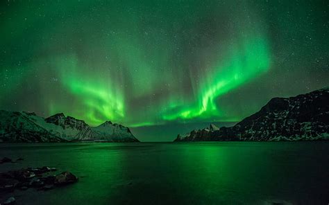 1366x768px | free download | HD wallpaper: Aurora Borealis Northern Lights Lake Reflection Stars ...