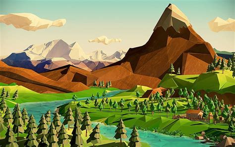 Abstract 3D landscape, mountains, forest, river, low poly landscape ...