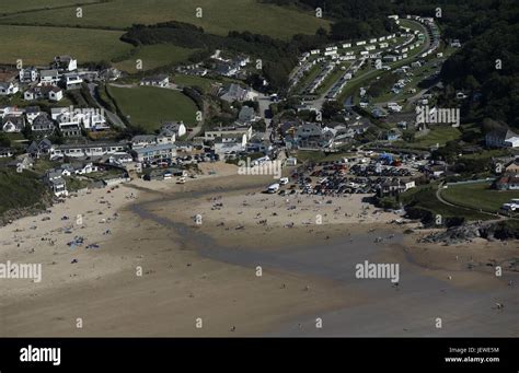 Aerial view of the great surfing beach at Polzeath in Cornwall Stock ...