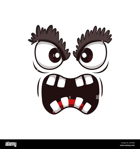 Monster face cartoon vector icon, yelling creepy creature, emotion with hairy eyelids, angry ...