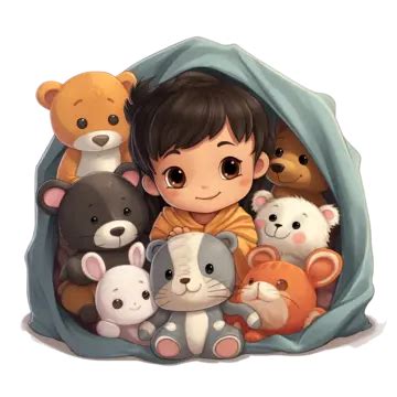 Baby Cartoon In Blanket Fort Surrounded By Adorable Stuffed Toys, Baby Clipart, Baby Cartoon ...