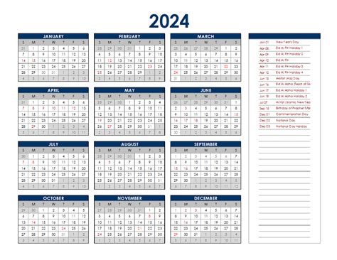 2024 UAE Annual Calendar with Holidays - Free Printable Templates