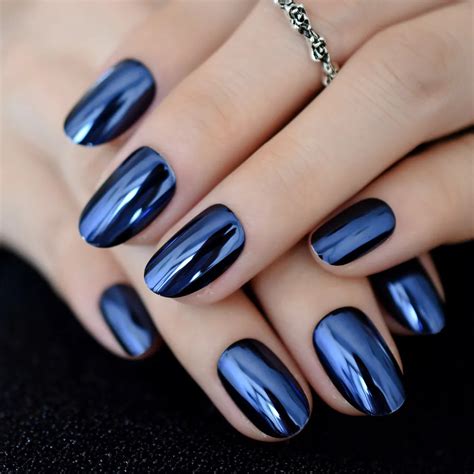 Metallic Oval Navy Blue Medium Nails Mirror Effect Chrome Nail Powder Press On Nails Full Cover ...