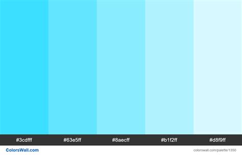 Light blue tints 5 colors. HEX colors #3cdfff, #63e5ff, #8aecff, #b1f2ff, #d8f9ff. Brand ...