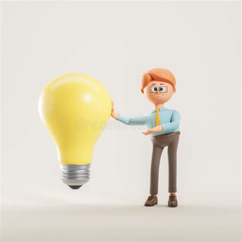 3d Rendering. Cartoon Man Suggest a New Idea, Pointing at a Big Light Bulb Stock Illustration ...