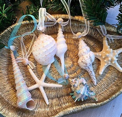 Beach Decor Christmas Seashell and Starfish Glitter Ornament Set 7PC Nautical Holiday Ornaments ...