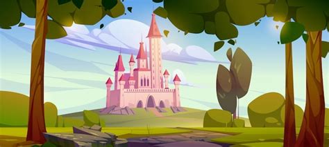 Free Vector | Pink magic castle on green hill fairy tale palace