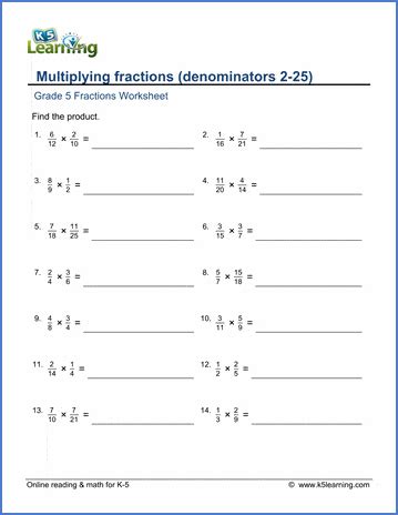 Multiplying proper fractions worksheets | K5 Learning