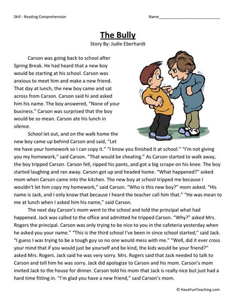 The Bully | Reading comprehension worksheets, Reading comprehension ...