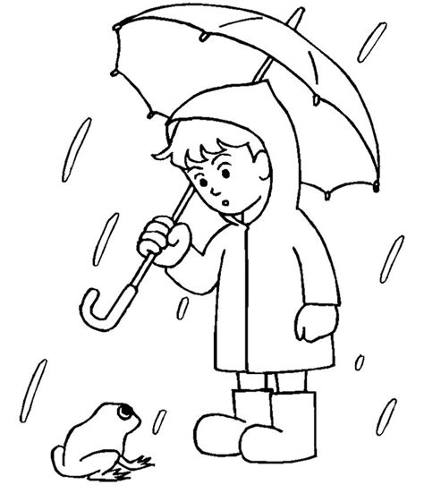 Boy With His Umbrella And Rain Jacket Under The Spring Rain Coloring ...