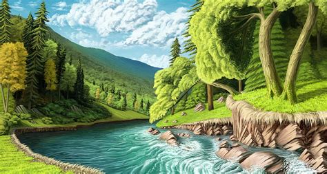 Fantasy landscape, stream, river, trees, forest, scenery, Fantasy, HD ...