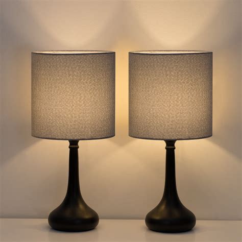 Bedroom Table Lamp Set of 2 Living Room Bedside Lamps Grey Lampshade ...