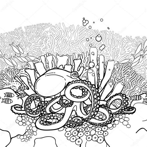 Graphic octopus and coral reef Stock Illustration by ©homunkulus28 #109681290