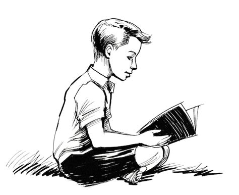 Premium Photo | Boy reading a book. Ink black and white drawing