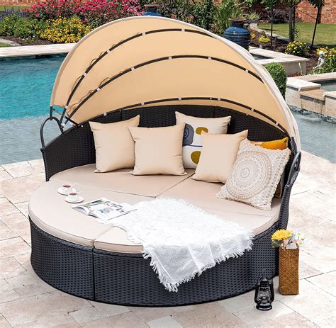 Homall Outdoor Daybed With Retractable Canopy Sectional Rattan Round ...