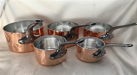 Set of 5 hammered Matfer Mauviel tin lined copper sauce pans - Rocky Mountain Retinning