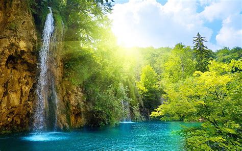 HD wallpaper: waterfalls and forest painting, sun, light, bright, nature, tree | Wallpaper Flare