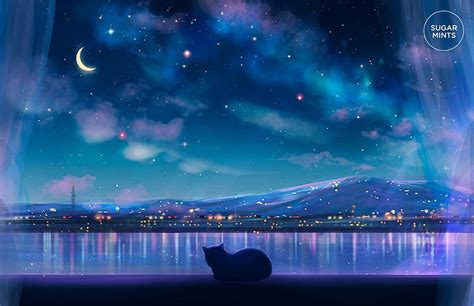Anime Postcard: Cat City Views, night anime aesthetic scenery HD ...