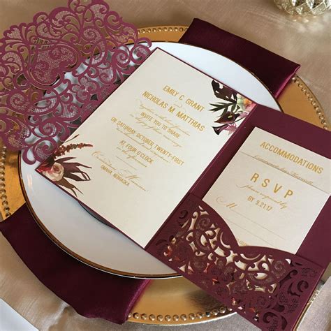 Laser Cut Pocket Wedding Invitation Kit Burgundy Wedding | Etsy