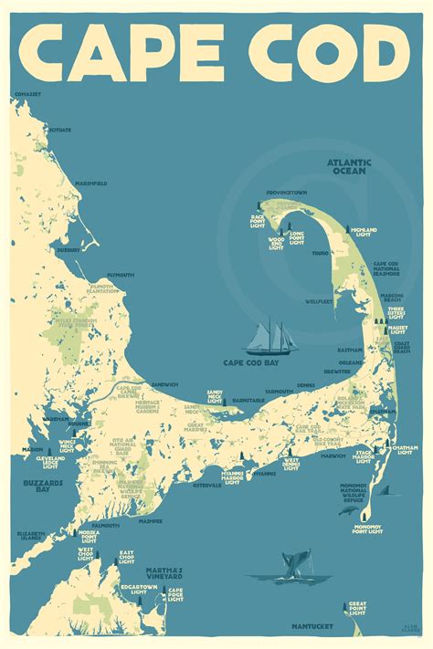 Cape Cod Map Art Print 36" x 53" Travel Poster By Alan Claude - Massac - Alan Claude Gallery