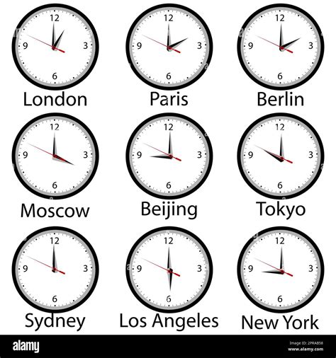 World time zone with wall clocks showing time in different cities of ...